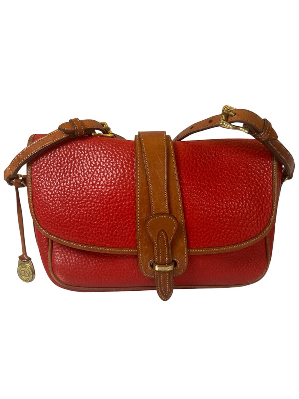 Vintage Classic Dooney & Bourke Red Pebbled Leather Crossbody with Brown Trim.